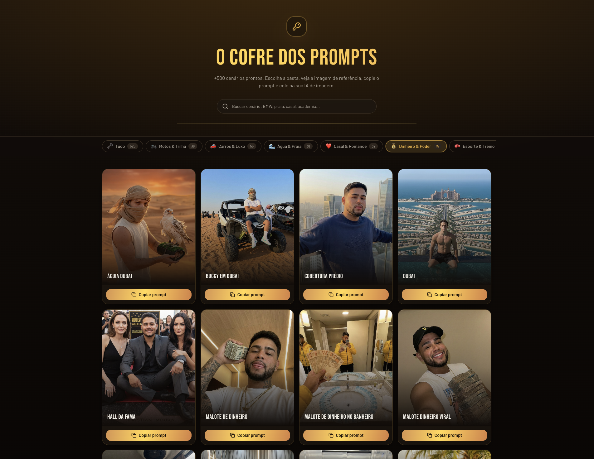 Aplicativo web do Cofre dos Prompts com cenários organizados por categoria e botão de copiar prompt